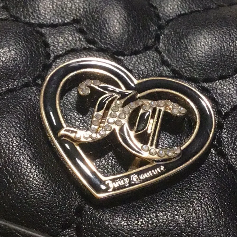 Juicy Couture Black Heart Quilted Monogram Heart Card Case Mini Snap Wallet
